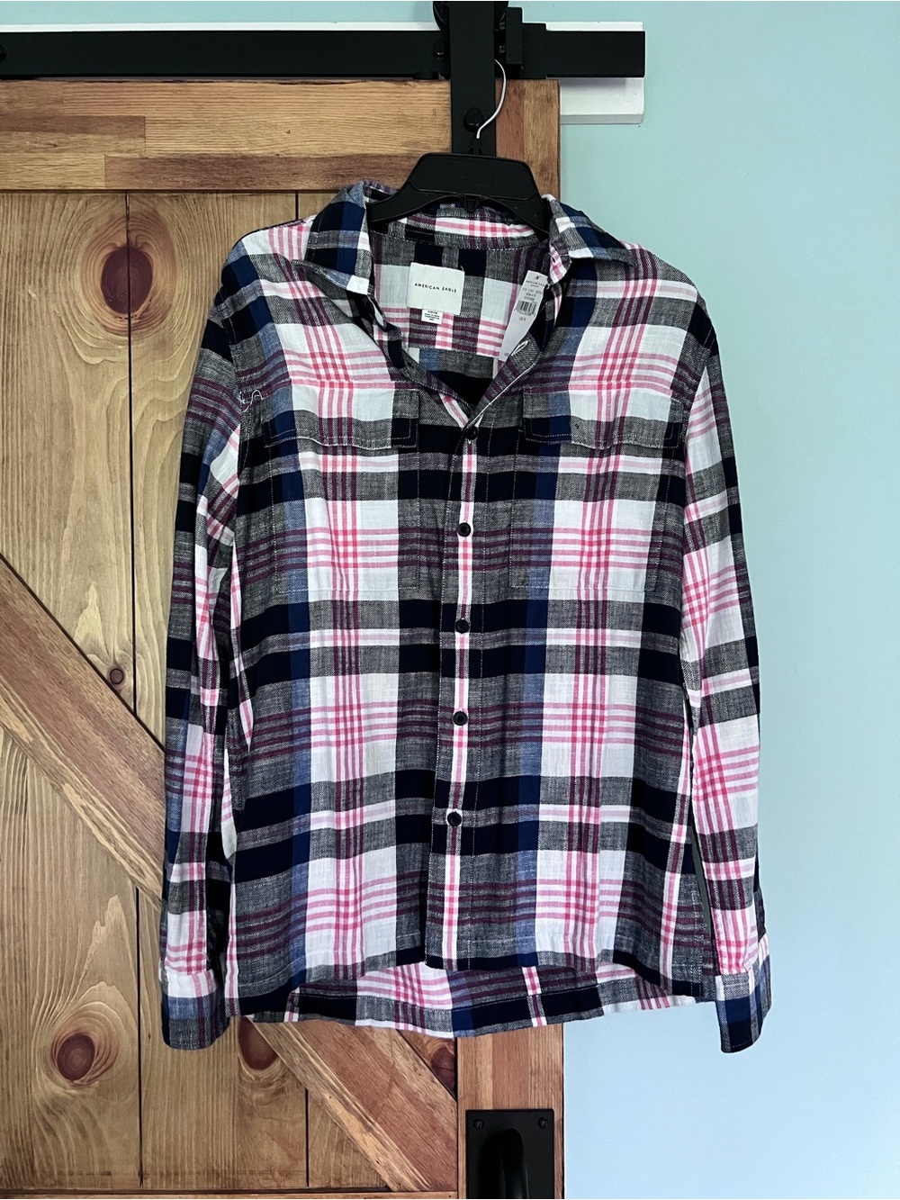 American Eagle Flannel Shirt Men Small Plaid Button Down NWT Red Blue